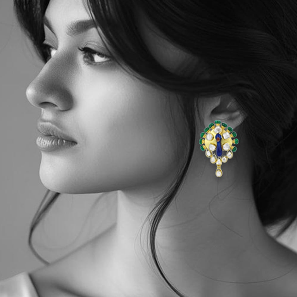 Peacock Polki Earrings with Blue Enamel and Emerald Beads